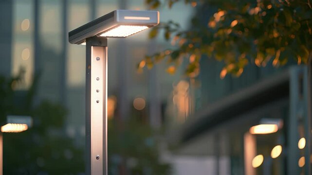 A side view of a solarpowered street light showing the battery storage unit at the base.