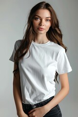 Obraz premium White tshirt mockup on woman model created with Generative AI