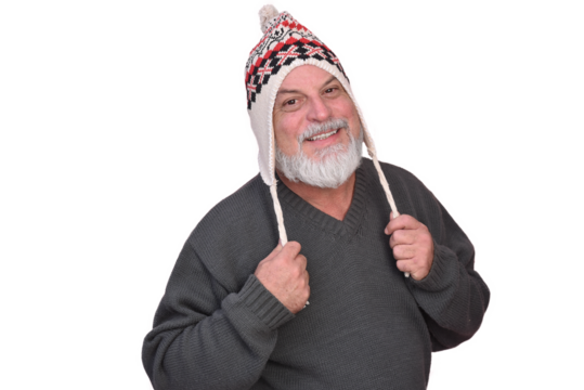 portrait business man with white beard bald facial expression wearing beret beanie fashion image isolated on white transparent background