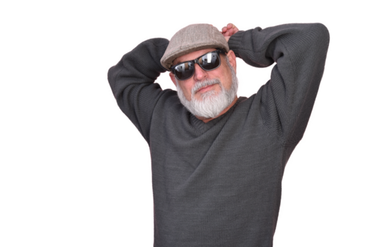 portrait business man with white beard bald facial expression wearing beret beanie fashion image isolated on white transparent background