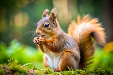 Obraz premium Red Squirrel Eating Nut in Forest.
