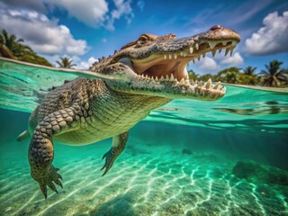 Fototapeta premium Fierce crocodile plunges into turquoise water, scales glisten, jaws agape, as ripples distort reflection, capturing primal power in a split-second aquatic ambush.