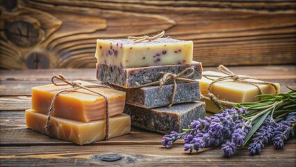 Assortment of artisanal soap bars in earthy tones, featuring African black soap, creamy goat milk soap, and calming lavender soap, on a rustic wooden background