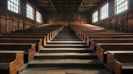 Vintage Wooden Auditorium with Rows of Benches and Large Windows in an Abandoned Building