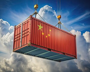 A giant freight shipping container suspended in mid-air by a crane's hook, adorned with the flag of China, symbolizing international trade and globalization.