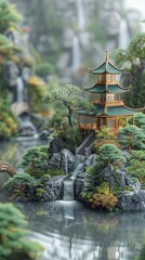 Fototapeta premium Serene Traditional Japanese Pagoda with Waterfalls and Lush Greenery in a Tranquil Landscape