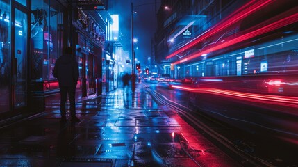 Neon Lights and Motion Blur on a Rainy City Street at Night with Reflections on Wet Pavement