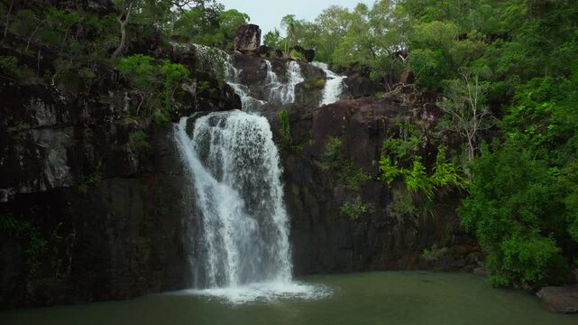 Cedar Creek Falls Waterfalls aerial drone Australia Whitsundays Airlie Beach Proserpine Palm Grove QLD Queensland Rainy wet season spring summer autumn winter sunny cloudy slowly upward motion