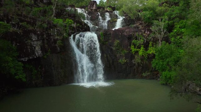 Cedar Creek Falls Waterfalls aerial drone Australia Whitsundays Airlie Beach Proserpine Palm Grove QLD Queensland Rainy wet season spring summer autumn winter sunny cloudy slowly forward pan up motion