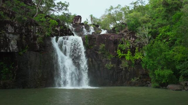 Cedar Creek Falls Waterfalls aerial drone Australia Whitsundays Airlie Beach Proserpine Palm Grove QLD Queensland Rainy wet season spring summer autumn winter sunny cloudy slowly upward jib motion
