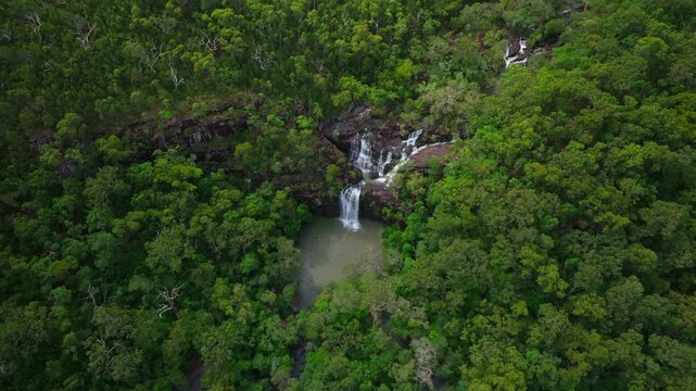Cedar Creek Falls Waterfalls aerial drone Australia Whitsundays Airlie Beach Proserpine Palm Grove QLD Queensland Rainy wet season spring summer autumn winter sunny cloudy swim jump birdseye pan down