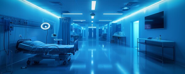 Modern Hospital Room with Advanced Medical Equipment and Blue Lighting in a Clean and Sterile Environment