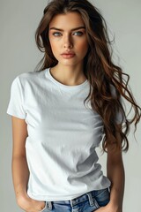 Fototapeta premium White tshirt mockup on woman model created with Generative AI