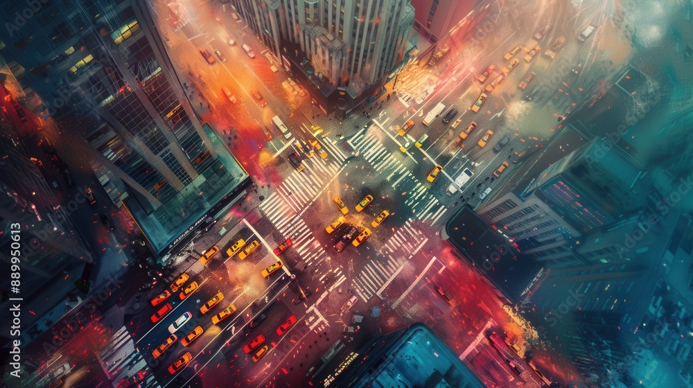 Poster illustrate an aerial view of a busy street with a high dynamic range effect, capturing the vivid col
