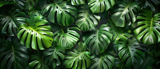 Obraz premium Dense wall of green tropical leaves creates vibrant backdrop.