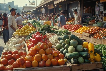 A Bustling Produce Market in a Sunny City, Displaying Fresh Vegetables and Fruit