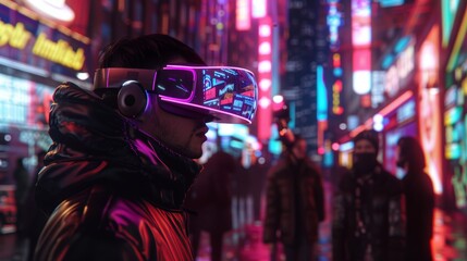 Obraz premium Man Wearing VR Headset in Futuristic Neon-Lit Urban Street at Night with Blurred Background