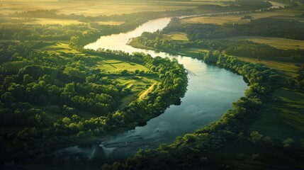 Illustrate an aerial view of a river with a high dynamic range effect, capturing the full spectrum of light and shadow