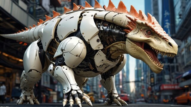 Robotic Dinosaur in Cityscape. - Powered by Adobe