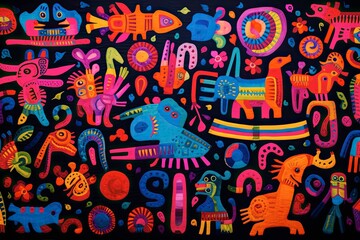 Embroidery Mexican Textile Pattern eith Unique Floral and Animal Motifs. Guna Yala Heritage Unveiled Vibrant Panama Mola Tapestry people of central Mexico