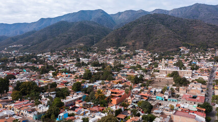 Afternoon aerial view of the historic city center of downtown Ajijic, Jalisco, Mexico.