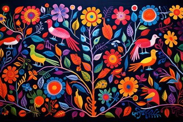 Embroidery Mexican Textile Pattern eith Unique Floral and Animal Motifs. Guna Yala Heritage Unveiled Vibrant Panama Mola Tapestry people of central Mexico