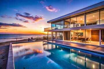 Fototapeta premium Luxury Villa with Swimming Pool and Ocean View at Sunset.