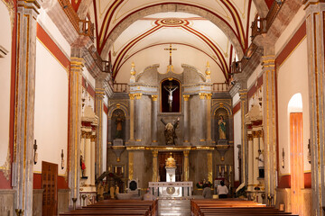 Ajijic, Jalisco, Mexico - December 22, 2023: Morning light streams into the cathedral of the...