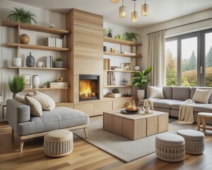 Cozy Scandinavian-inspired living room features wooden storage units, modern fireplace, stylish sofa, and plush poufs, exuding warmth and comfort in a minimalist setting.