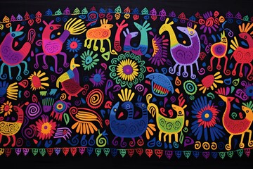 Obraz premium Embroidery Mexican Textile Pattern eith Unique Floral and Animal Motifs. Guna Yala Heritage Unveiled Vibrant Panama Mola Tapestry people of central Mexico