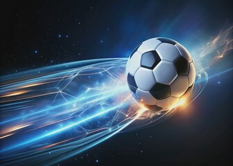 Brightly lit soccer ball soaring through dark isolation, vivid trajectory trails behind, capturing dynamic motion and energy in a beautiful, abstract athletic moment.