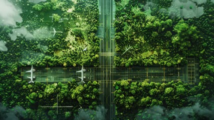 Illustrate an aerial view of an airport with lush vegetation surrounding the runways, adding greenery to the infrastructure