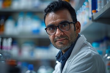 Fototapeta premium A man in a white lab coat and glasses looks directly at the camera while working in a laboratory