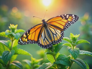 Obraz premium Magnificent macro shot of a majestic monarch butterfly perched on a delicate mint green leaf, surrounded by morning mist, with warm morning sunlight.