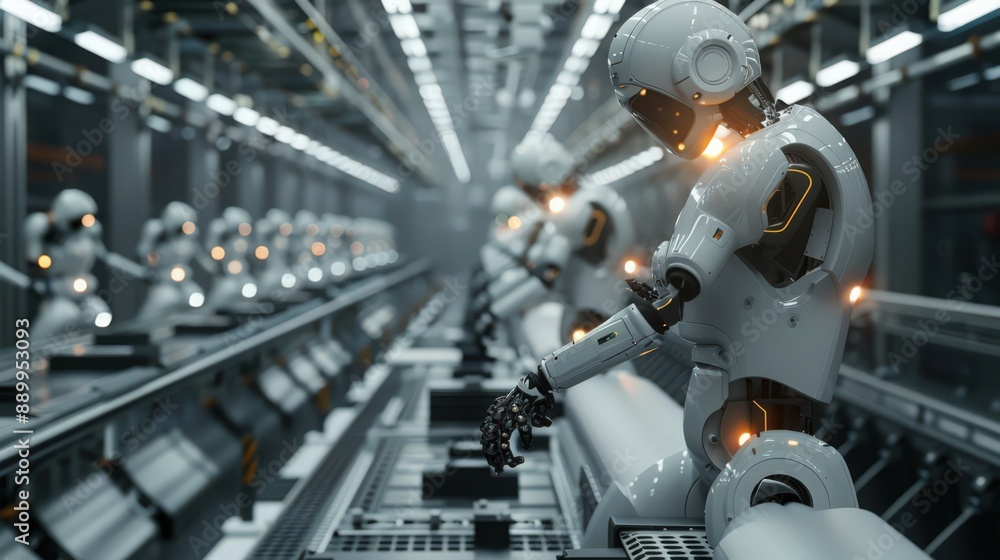 Poster photograph a futuristic factory floor with robots working in unison to assemble automotive parts, sh