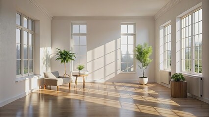 Fototapeta premium Soft morning sunlight casts a warm glow on plain white walls, illuminating subtle shadows and creating a serene, tranquil atmosphere.