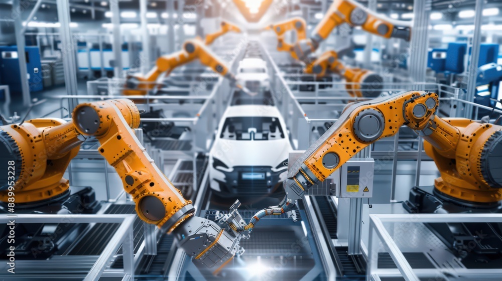 Poster photograph a futuristic factory floor with robots working in unison to assemble automotive parts, sh