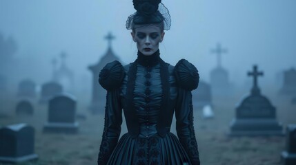 Haunting ghost in an elaborate Victorian costume wandering a misty graveyard at midnight, Ghost, Costume, Midnight