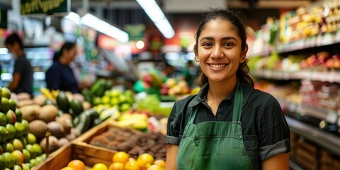Portrait of a young, confident and smiling Hispanic female supermarket worker with uniform working in a fruit section. 