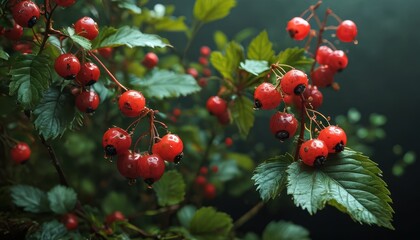 Obraz premium Red Berries on Green Branch with Water Droplets.
