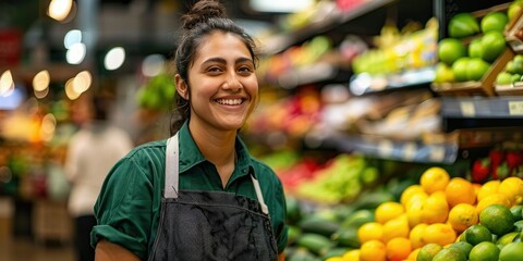 Portrait of a young, confident and smiling Hispanic female supermarket worker with uniform working in a fruit section. 