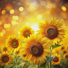 Fototapeta premium Vibrant sunflowers bask in warm sunlight, set against a soft, dreamy bokeh background, celebrating summer's beauty and radiant charm in perfect floral harmony.