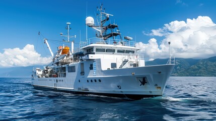 Photograph a marine research vessel with modular laboratories and state-of-the-art equipment for studying marine biology and oceanography.