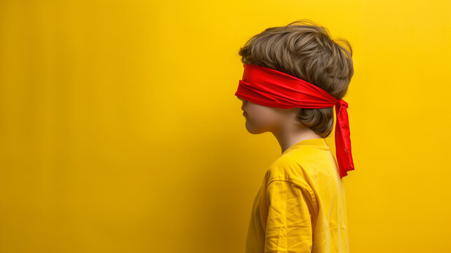 Boy wearing a red blindfold on a yellow background