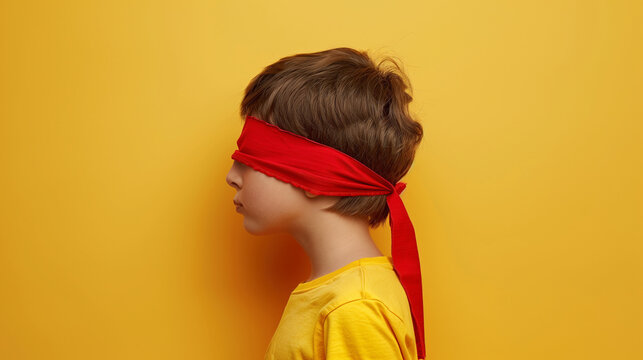 Boy wearing a red blindfold on a yellow background