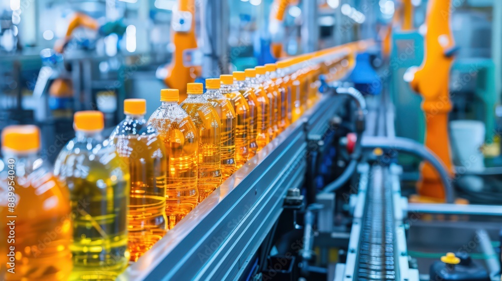 Poster photograph a production line in a beverage factory where robots handle the filling, capping, and lab