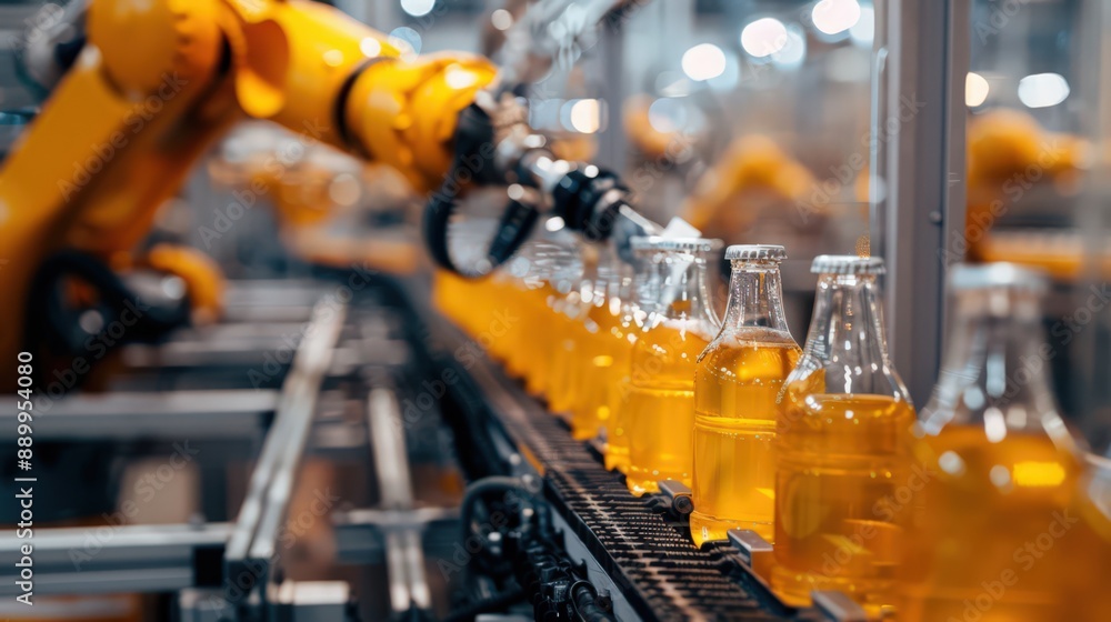 Poster photograph a production line in a beverage factory where robots handle the filling, capping, and lab
