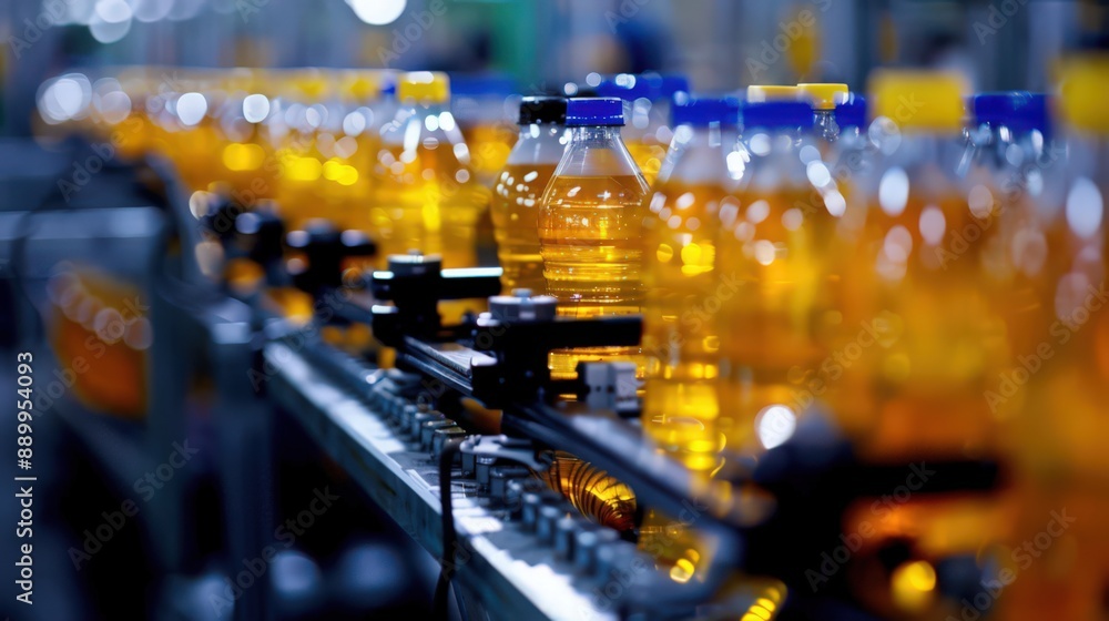Poster photograph a production line in a beverage factory where robots handle the filling, capping, and lab