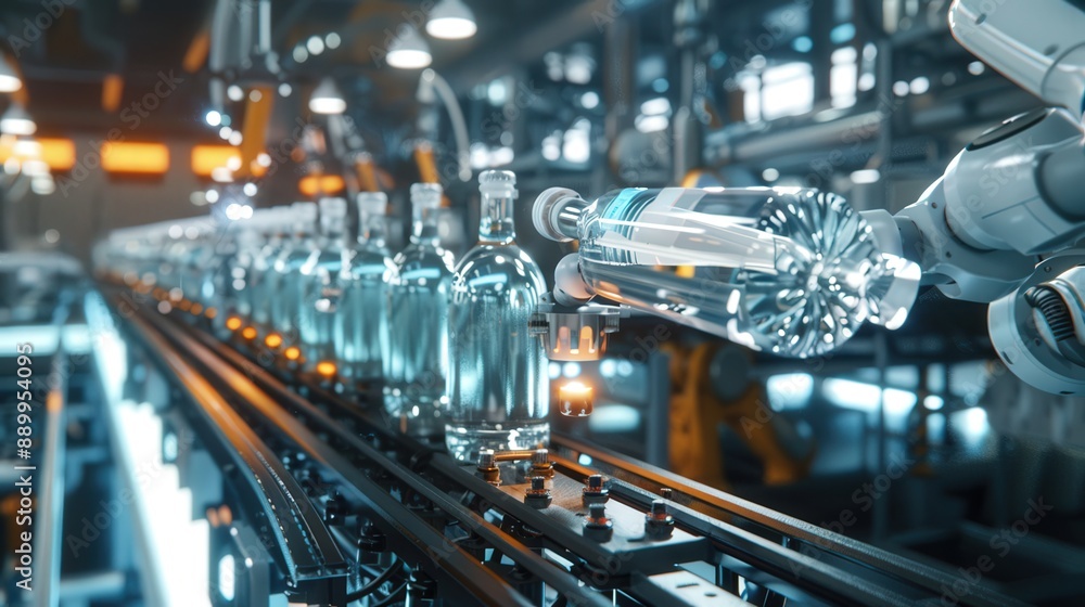 Poster photograph a production line in a beverage factory where robots handle the filling, capping, and lab