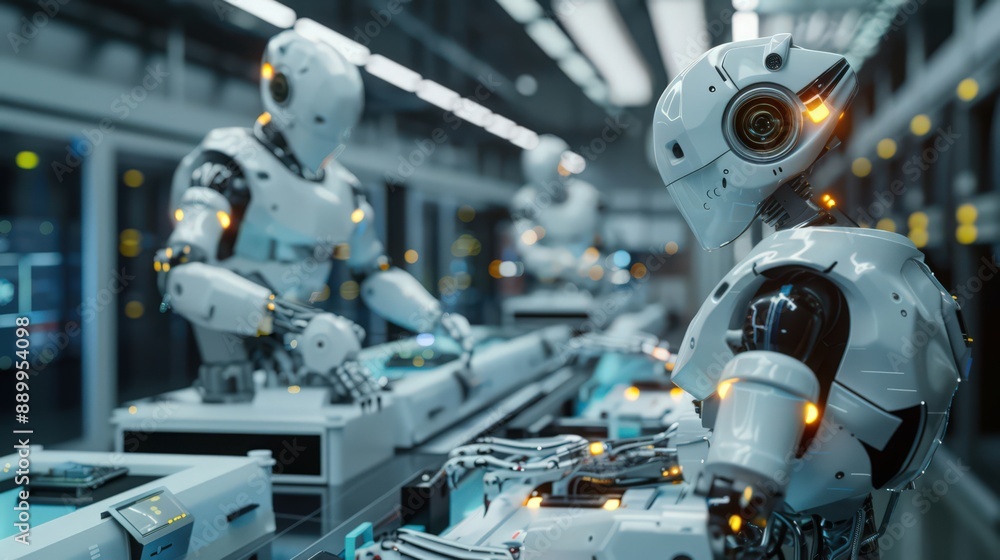Poster photograph a production line where robots are assembling and testing high-tech gadgets, showcasing t